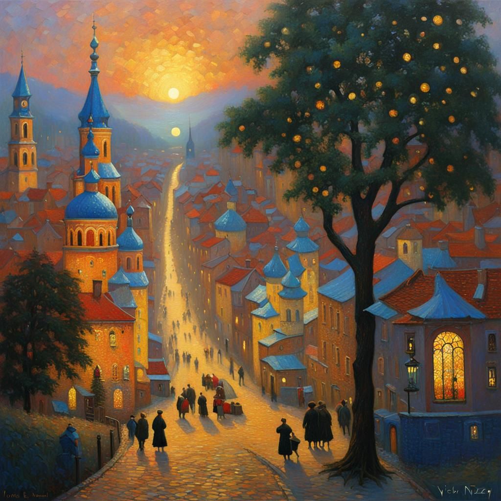 City at Dusk: Impressionistic Style