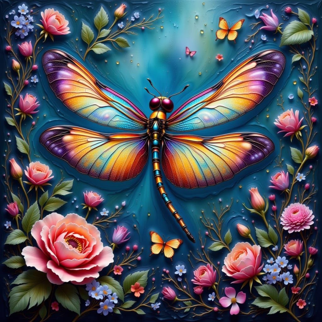 Iridescent Dragonfly in Whimsical Floral Scene