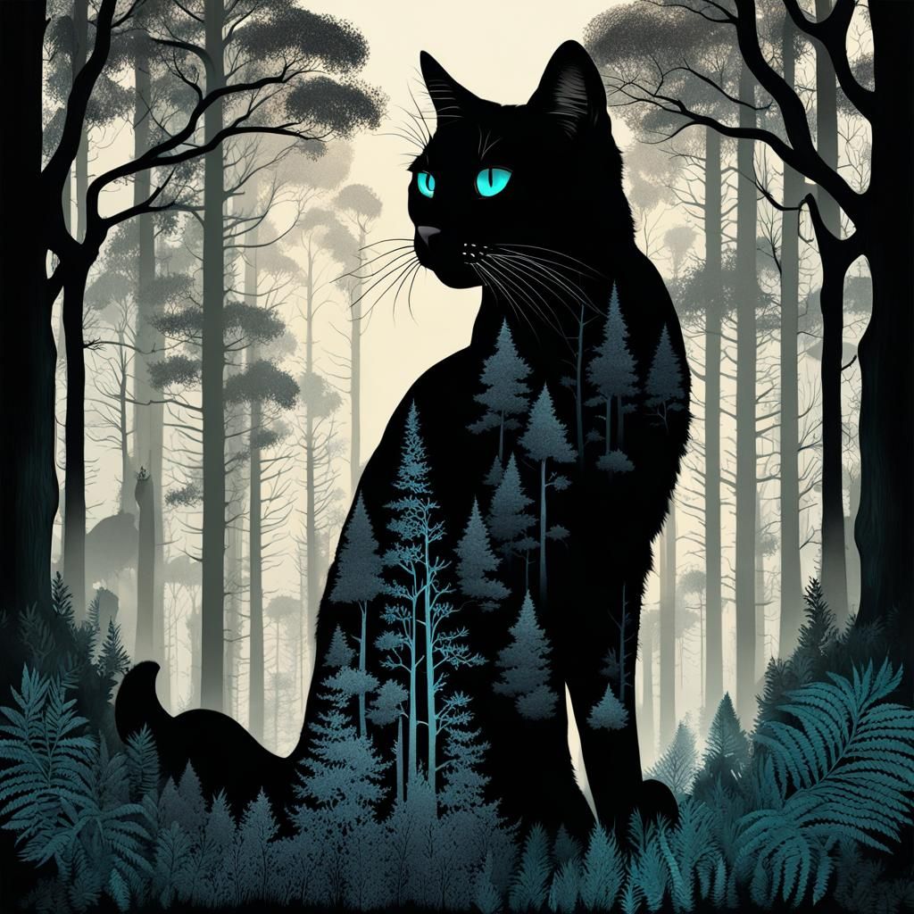 Mystical Forest Cat Double Exposure Portrait
