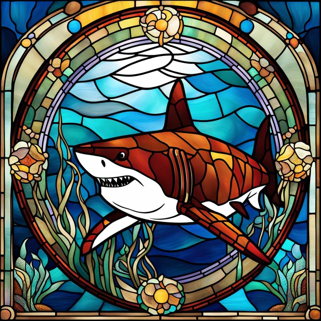 Stained Glass Shark with Seabed Mosaic Background