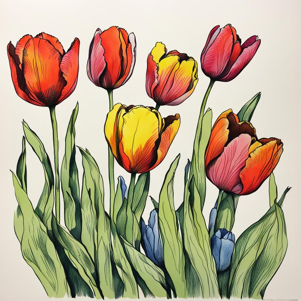 Ink drawing of colorful tulips