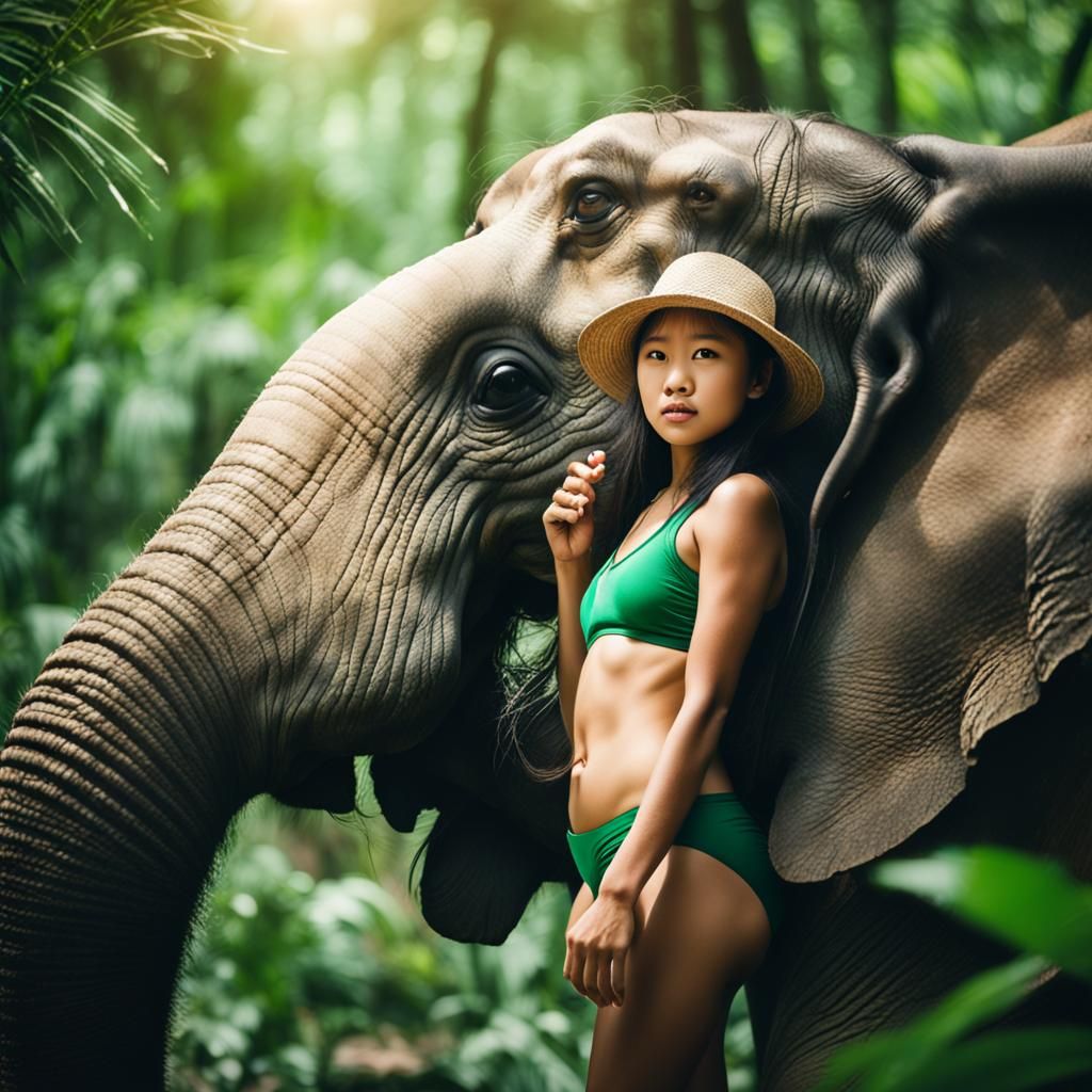 Asian Girl on Elephant in Jungle: Professional Photo