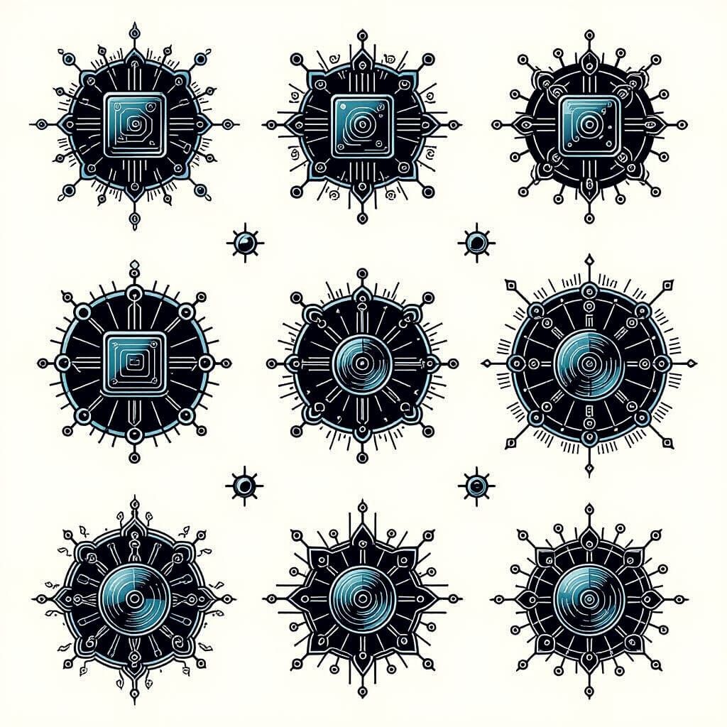 Technology Flash Tattoo Sheet in Black Outline Style