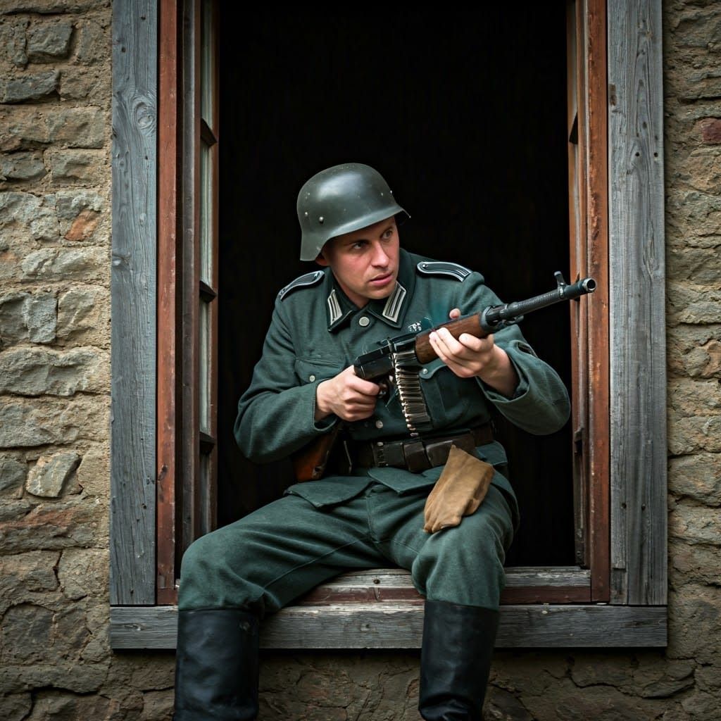 WW2 German Machinegunner Holding MG42 in Window