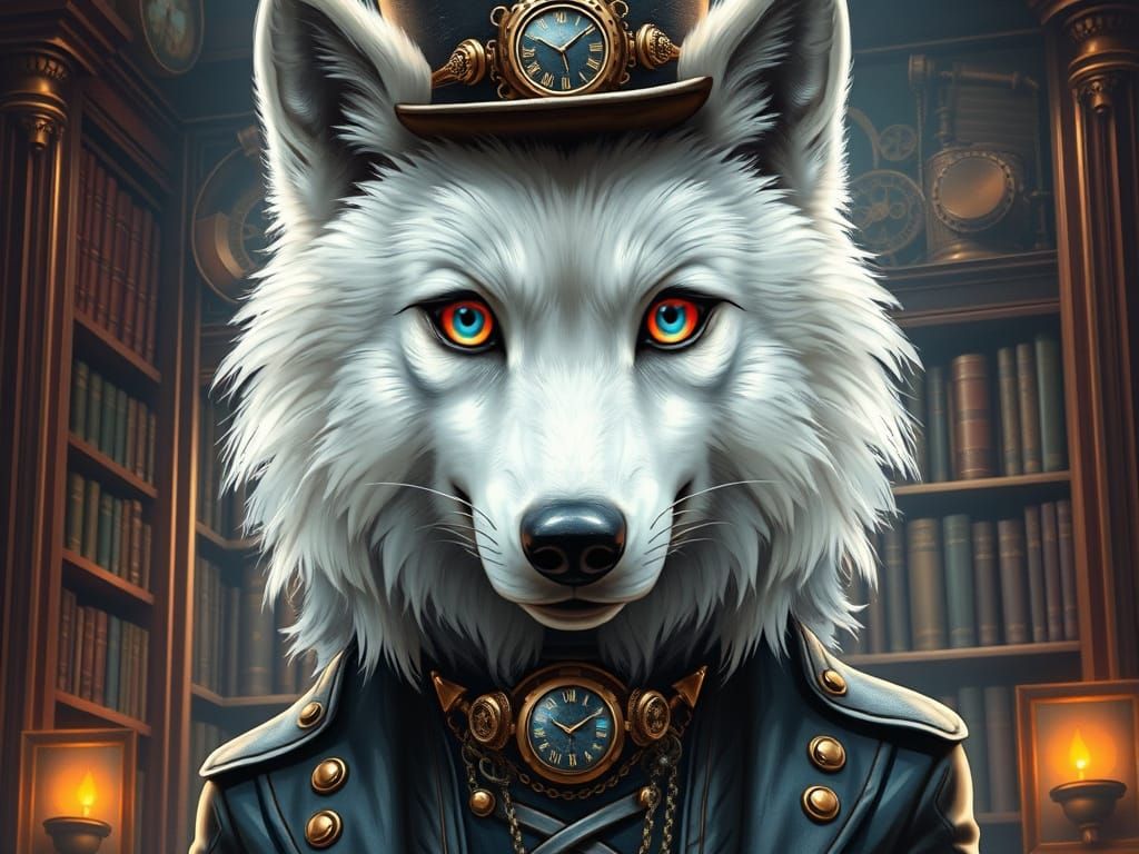 Steampunk Arctic Wolf in Elegant Library Attire