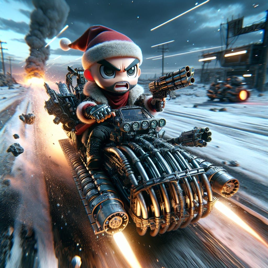 Chibi Santa Races Rocket Tank in Dystopian Wasteland