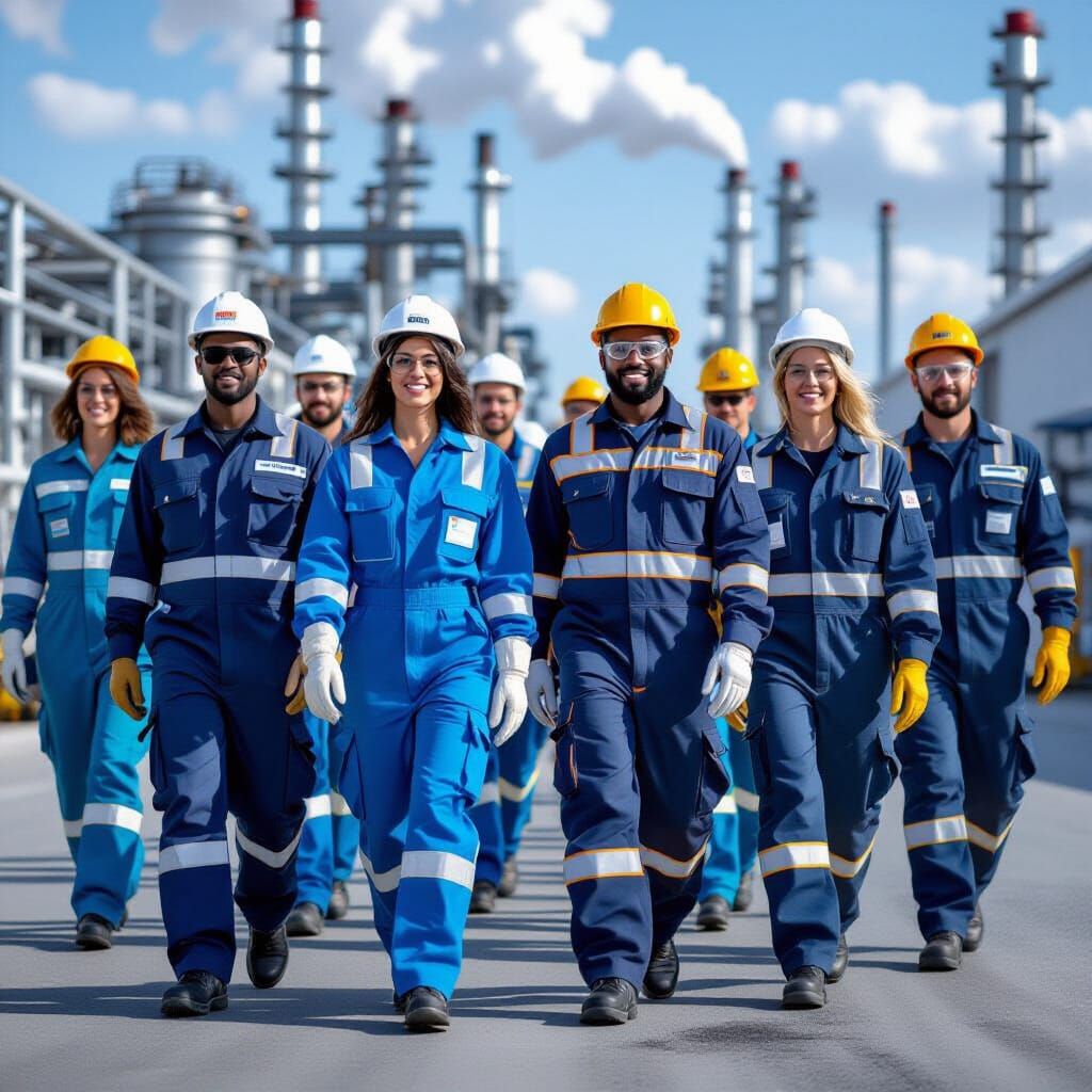 Diverse Workers United in Front of Chemical Plant