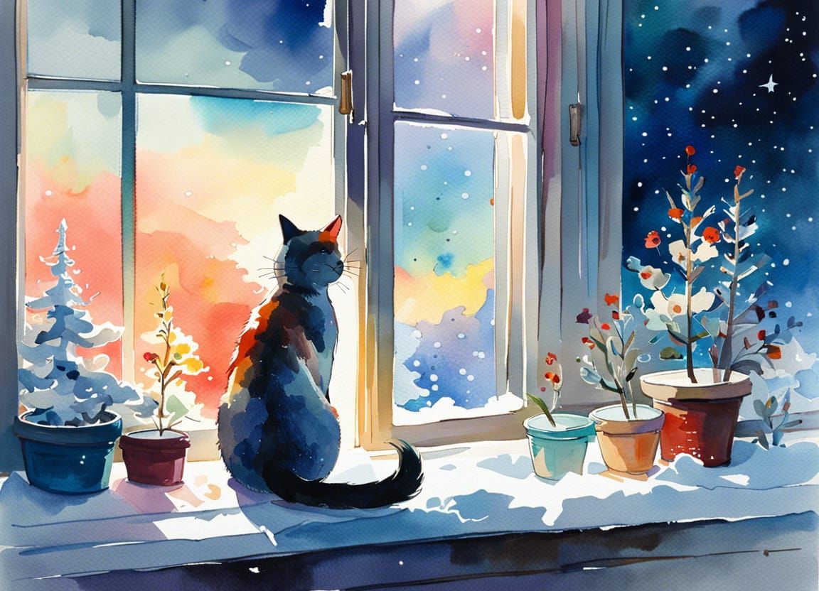 Cat Gazing at Starry Sky in Watercolor