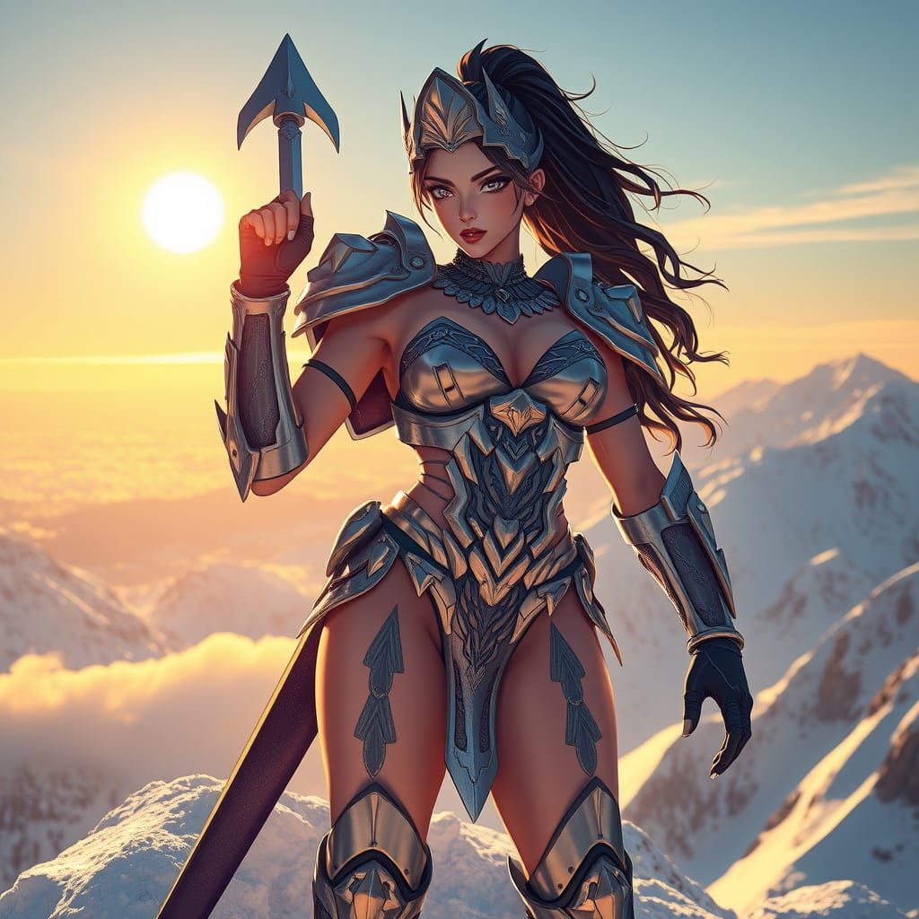 Regal Shark Warrior Surveys Snowy Landscape in Anime Style