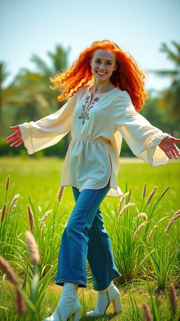 Redheaded Joy in Sunlit Park, Vibrant Portrait in Retro Styl...