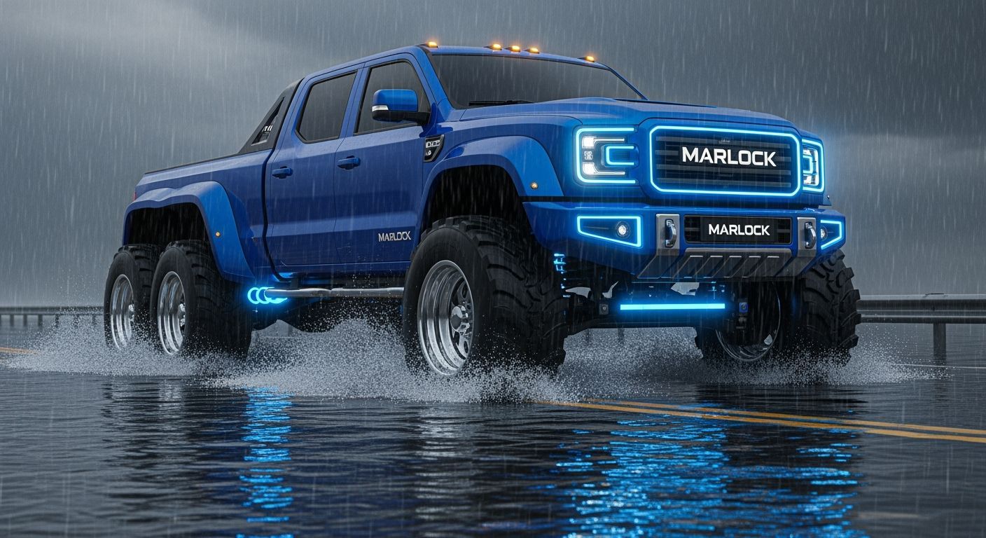 Futuristic Blue Pickup Truck Driving Through Flood