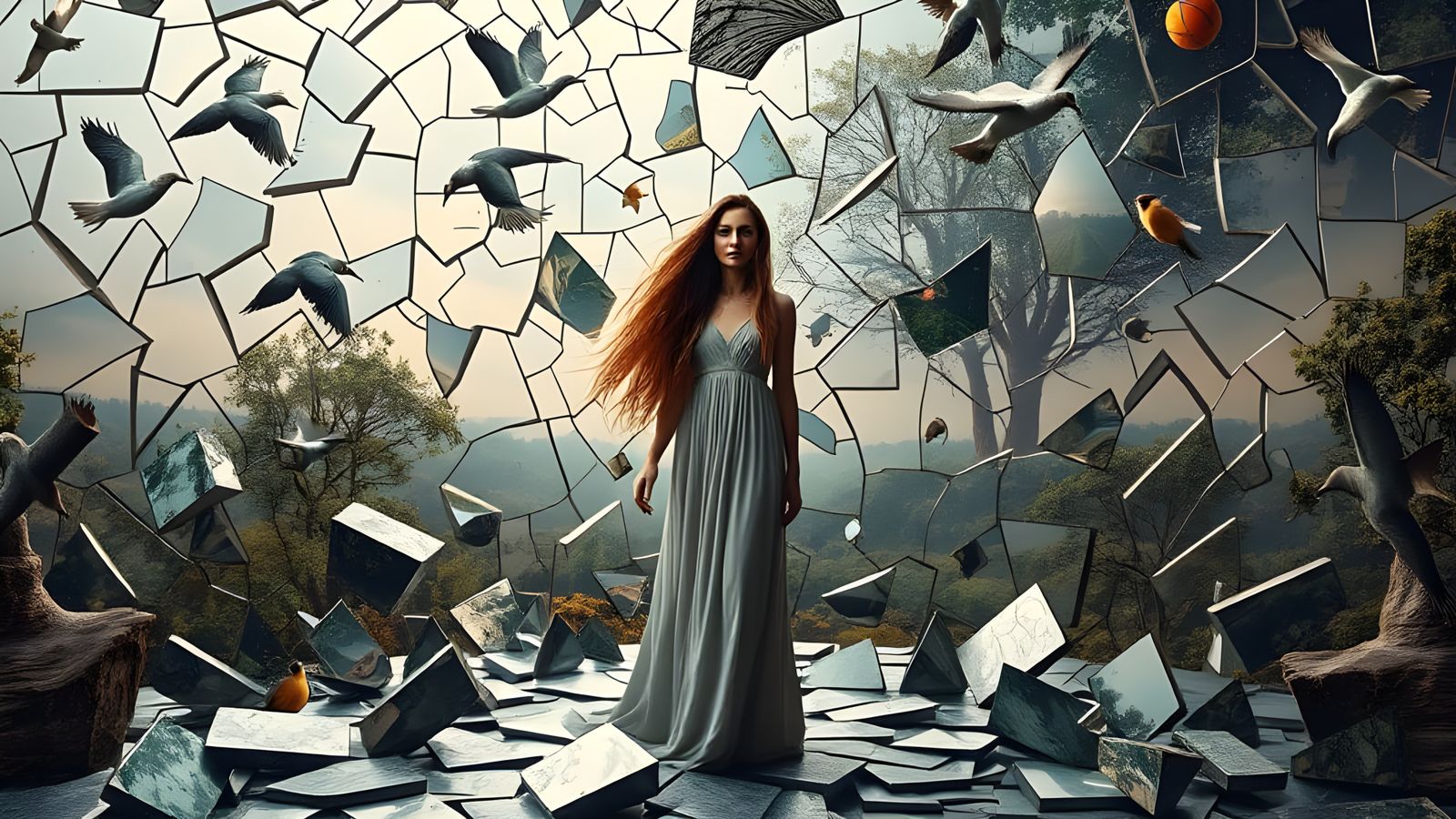 Surrealist Woman Collects Shattered Mirrors in Dreamlike Lab...
