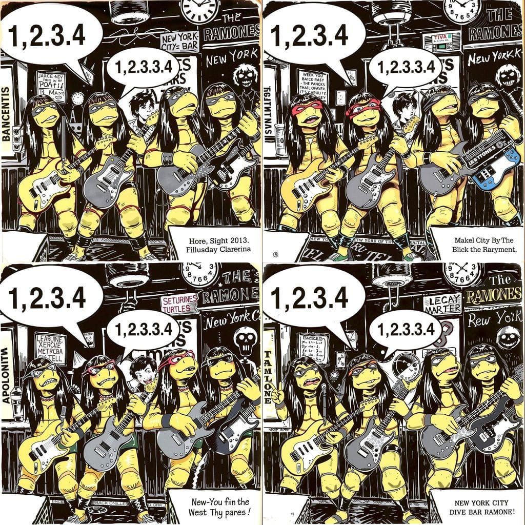 1970s punk aesthetic. The punk band the Ramones as four turtles. They have the long dark hair and are shouting, "1-2-3-4...