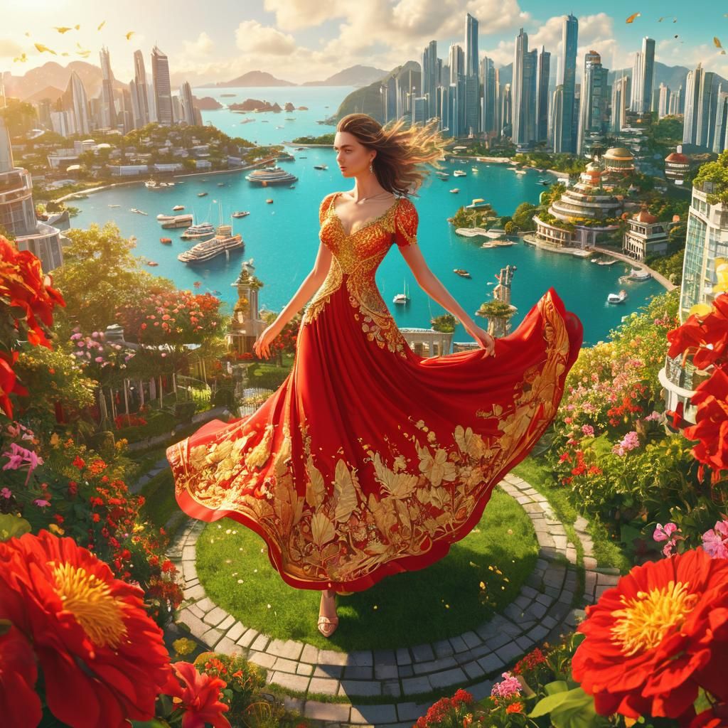 Golden Woman in City Garden Illustration