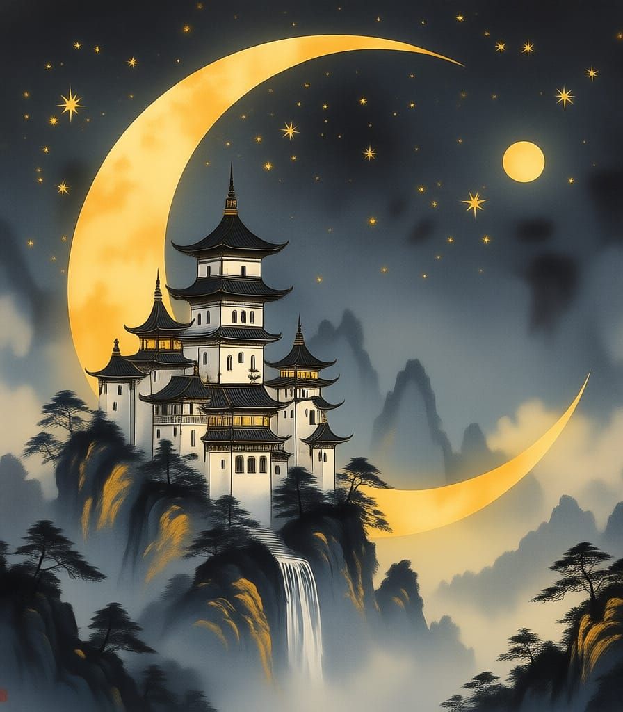 Fairy castles in crescent moon,night time,Chinese ink painti...