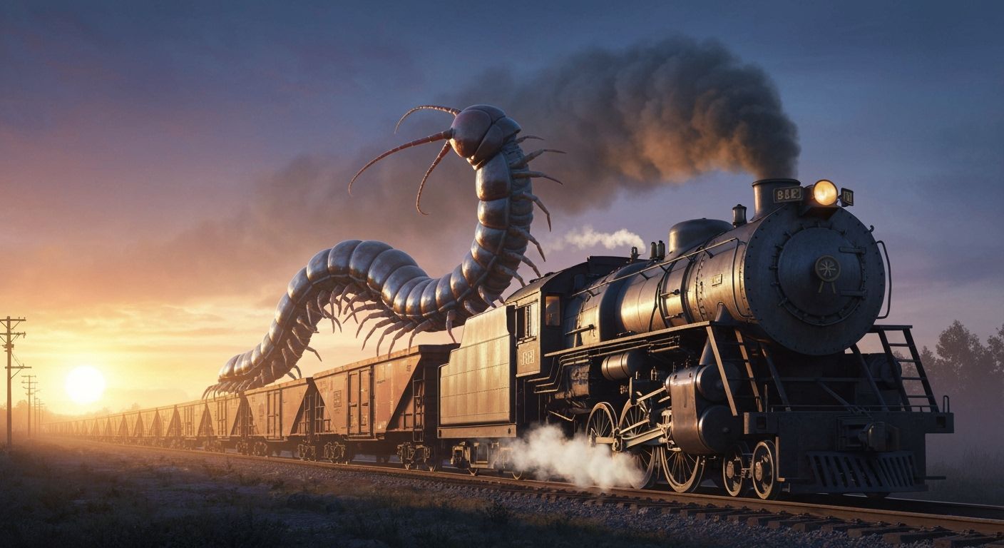 Giant Iridescent Centipede on Train at Dusk