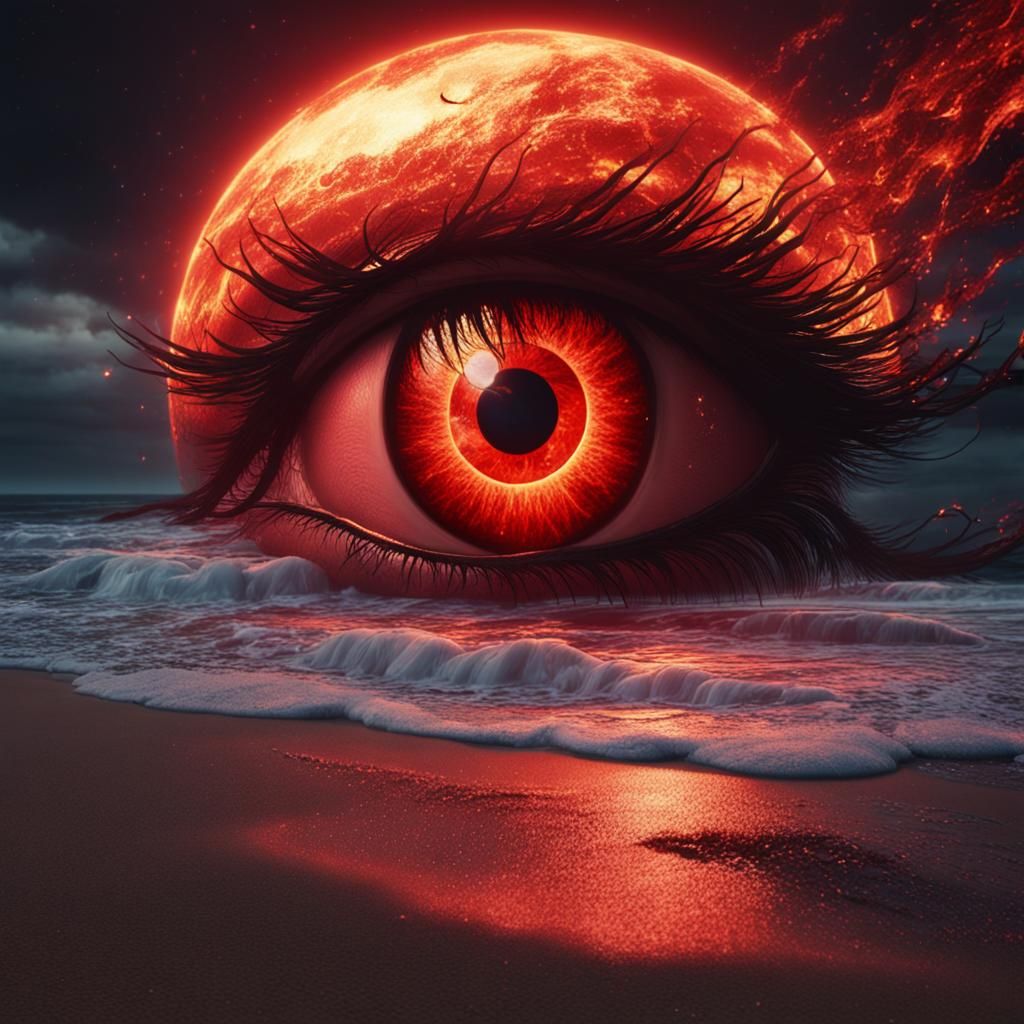 Flaming Red Eye on Beach: Fantasy Concept Art