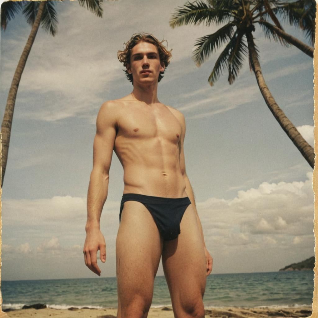 Tropical Beach Polaroid of Young Man in Speedo