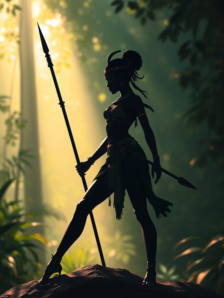 African Woman Warrior Silhouette with Tribal Markings in Bok...