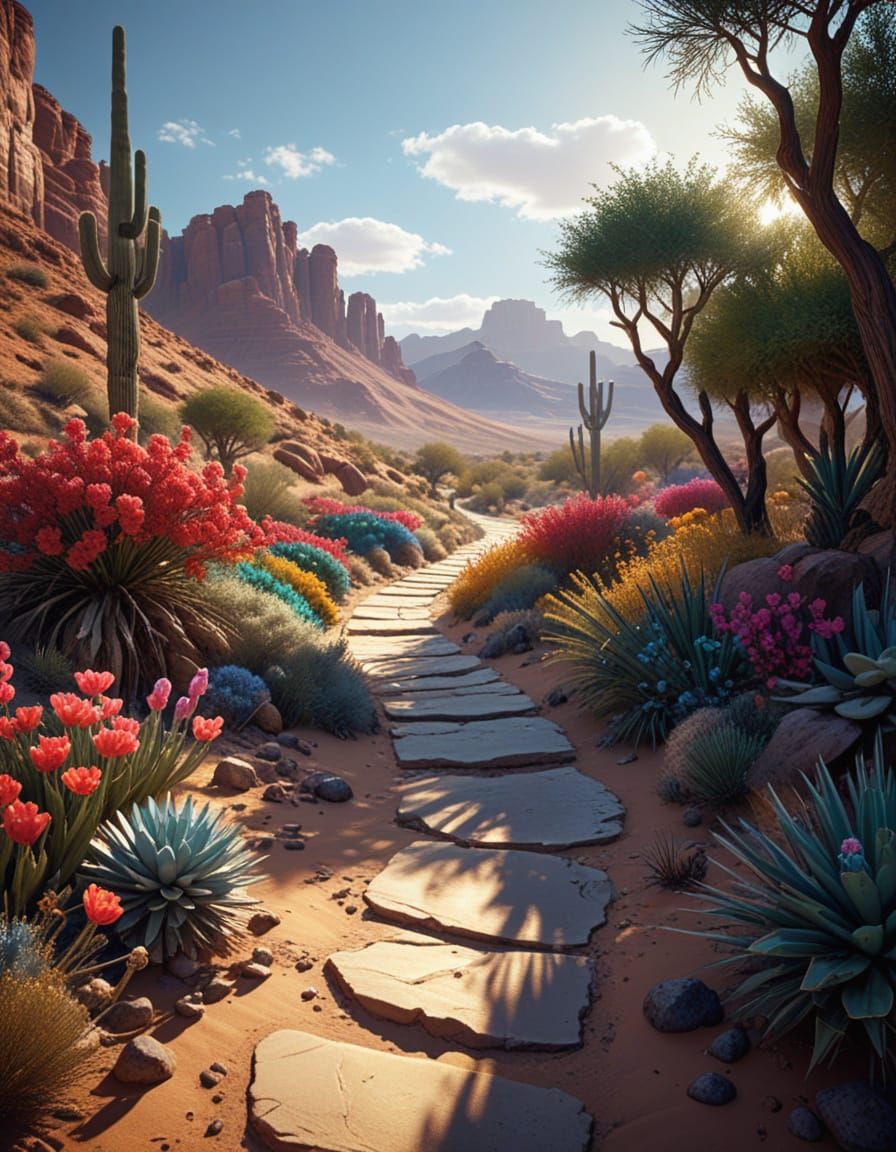 Lush Desert Path in Vivid HDR Oil Painting