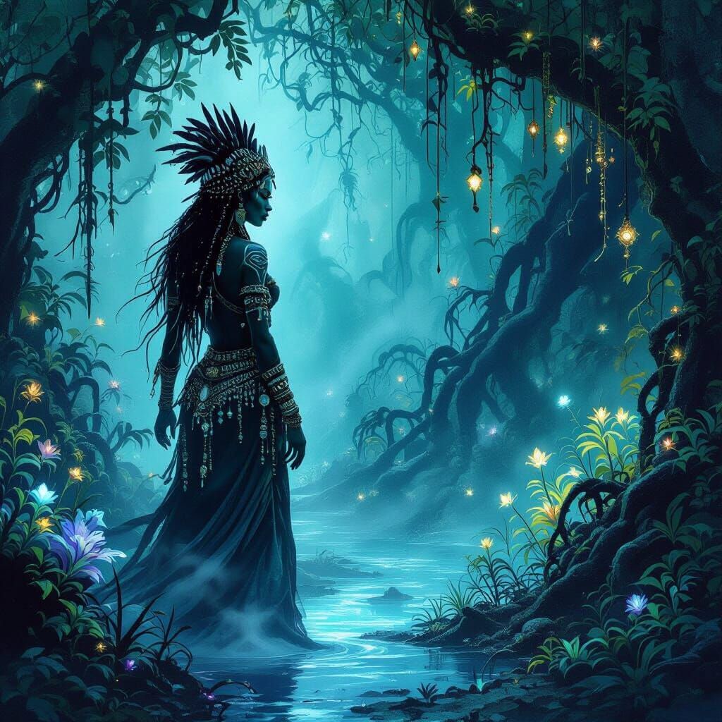 Mystical Voodoo Priestess in Bioluminescent Mangrove Forest