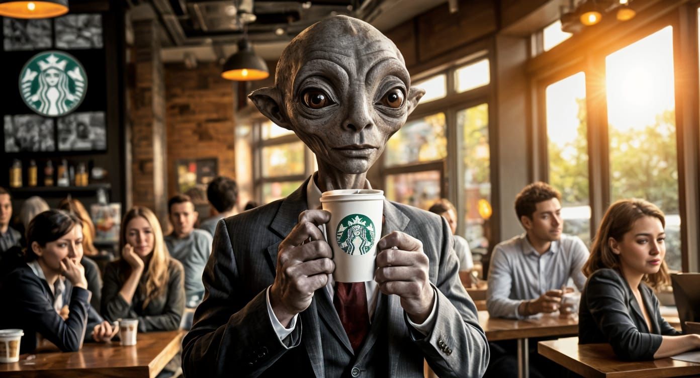 Grey Alien Orders Frappe at Starbucks
