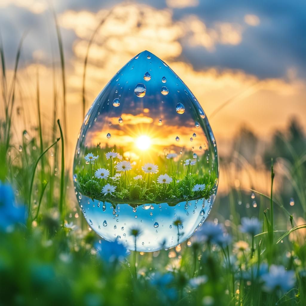 Summer Landscape Inside Raindrop with Blue Sky