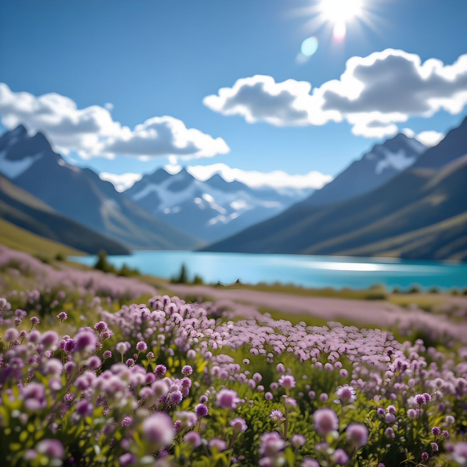 Mountain Heather Field and Sparkling Lake in Sunlight
