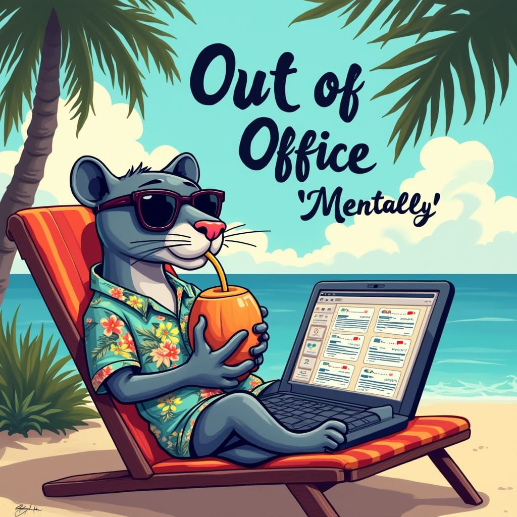 Relaxed Cartoon Panther in Tropical Beach Scene