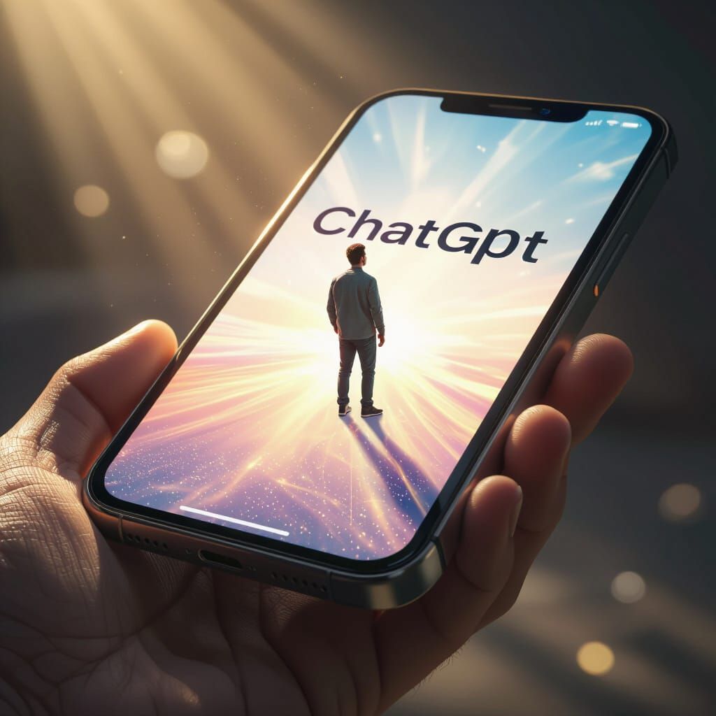 Tiny Man Amazed on Giant Glowing ChatGPT Phone