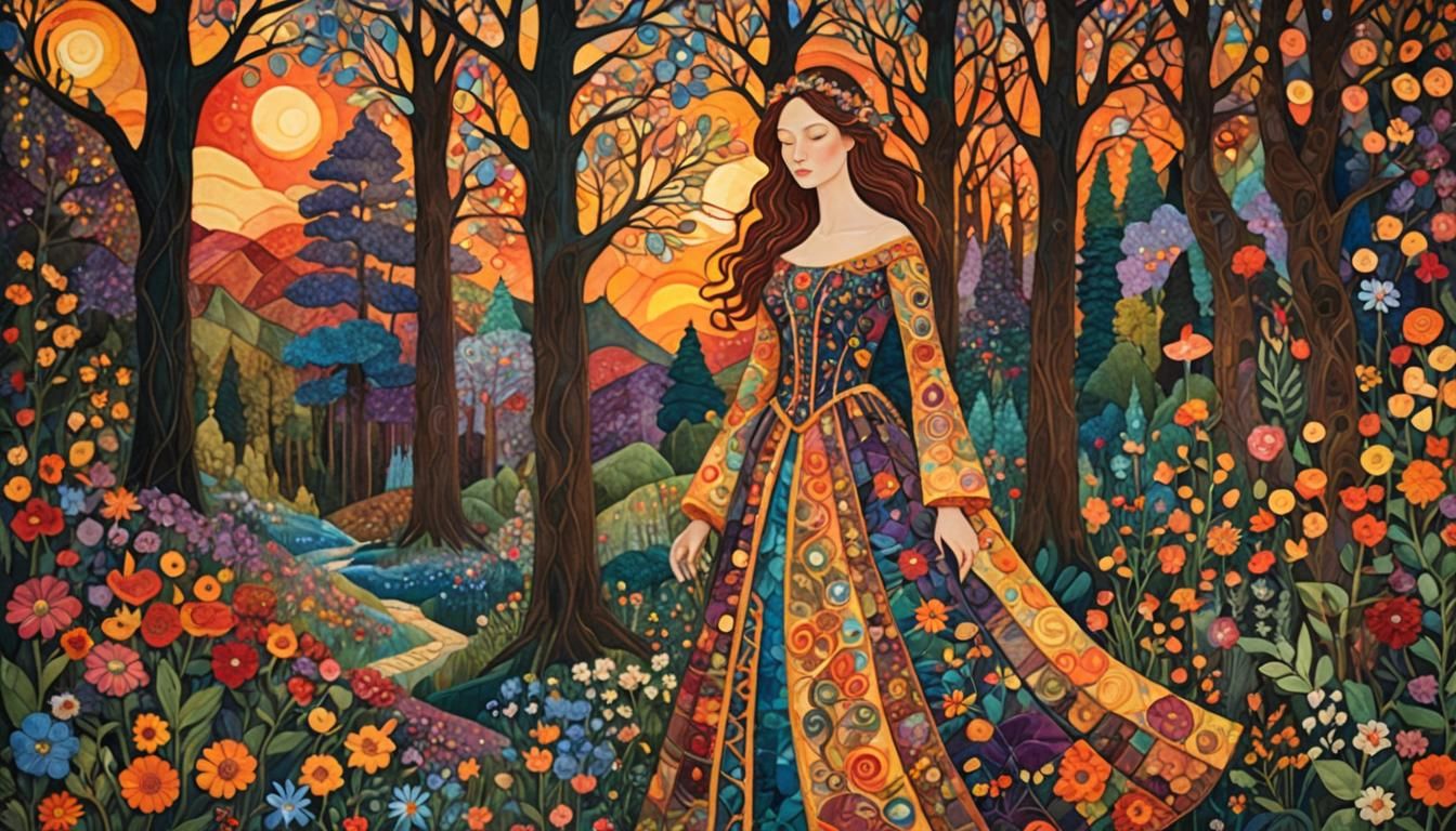 Quilted Sunset Woman in Enchanted Forest