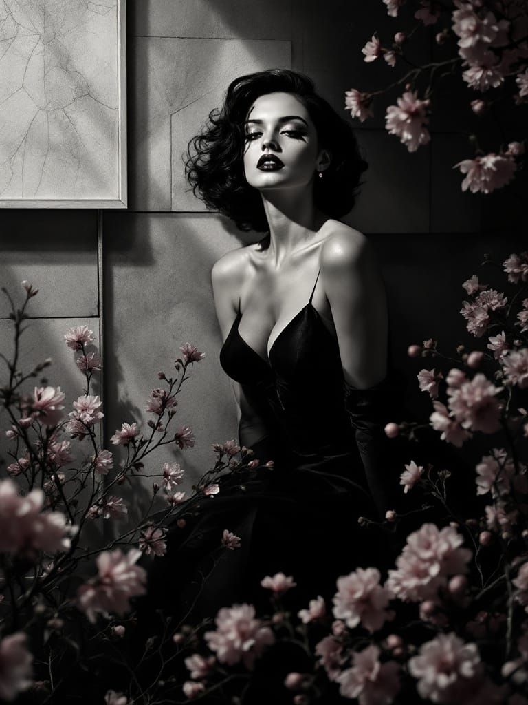 Luminous Monochrome Pin-Up in Abstract Garden