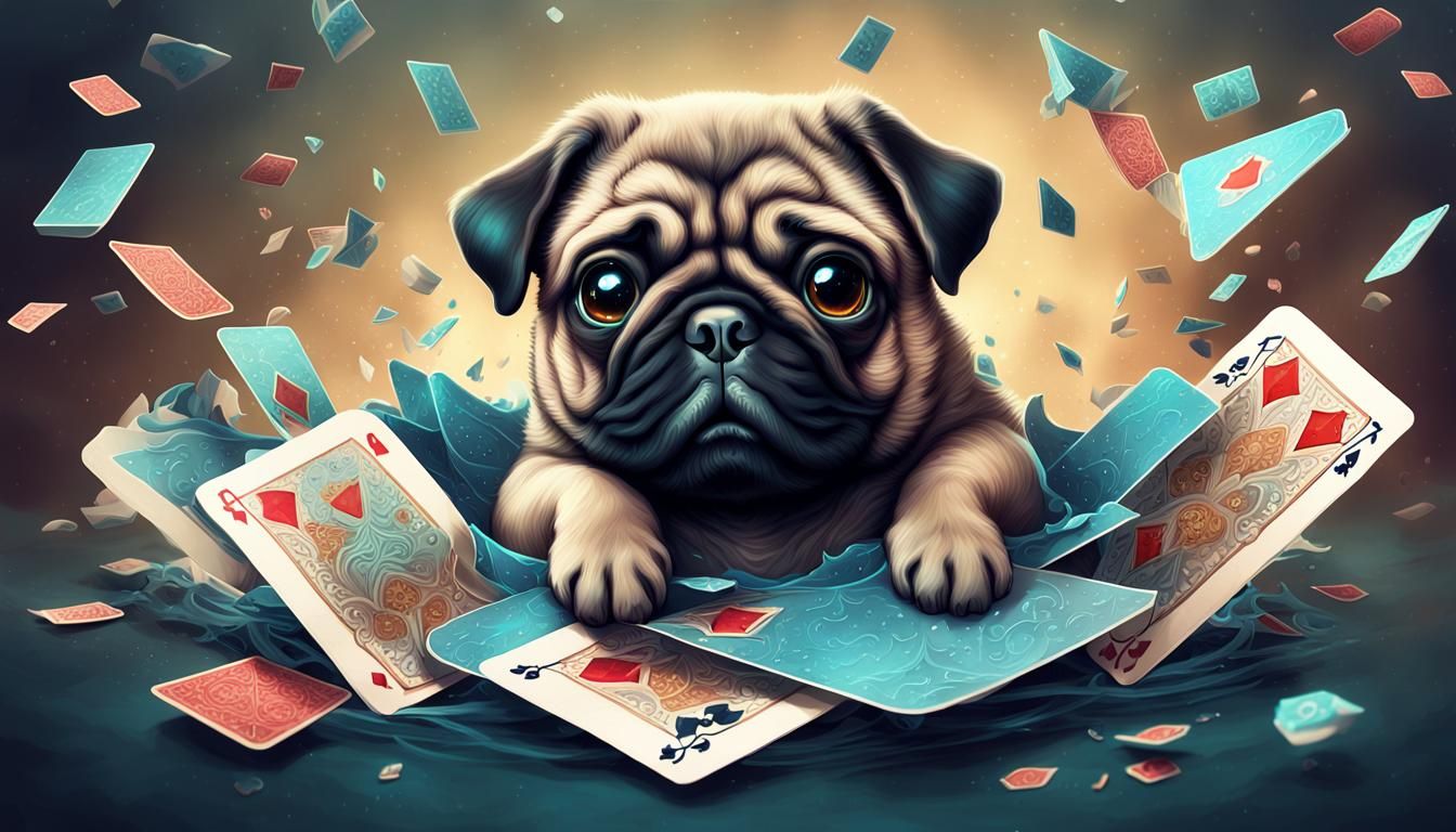 Adorable Pug-Shark Made of Cards: Digital Art