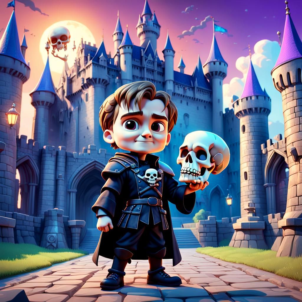 Chibi Hamlet with Skull: Pixar-Style 3D Art
