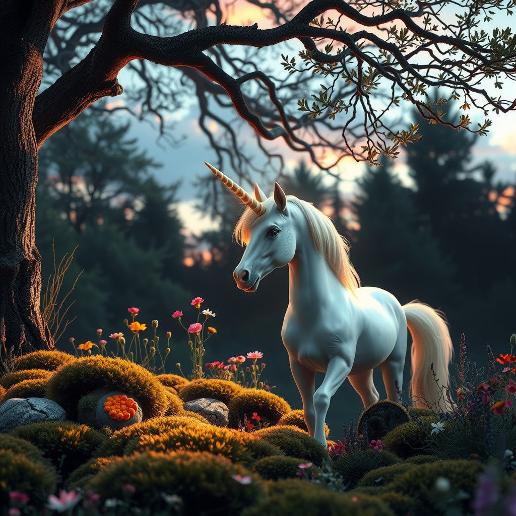 Whimsical Forest Unicorn Under Dusk Canopy