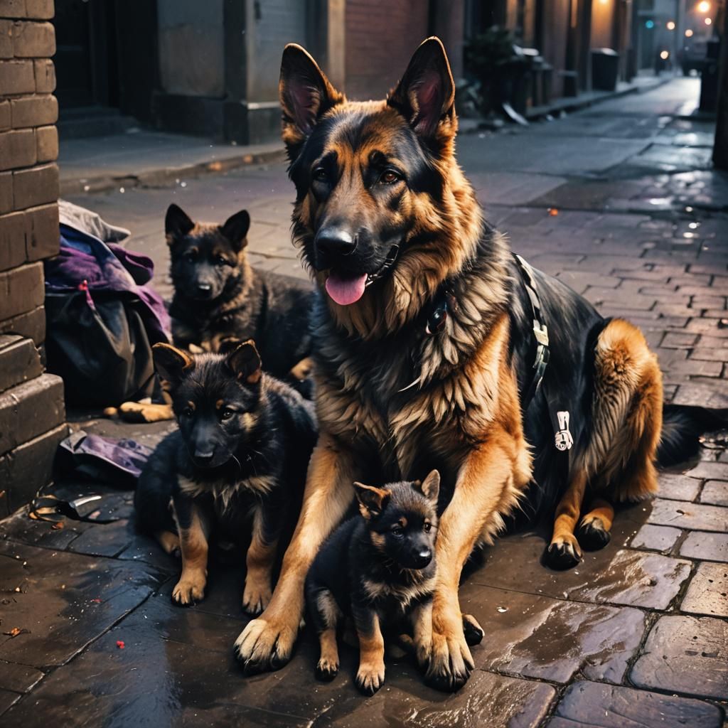 A stunning homeless German Shepherd dog tends to her newborn...