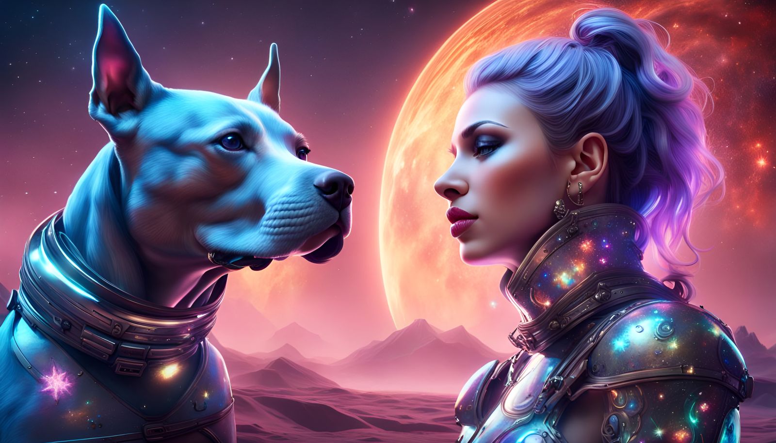 Futuristic Space Girl with Dog in Iridescent Colors