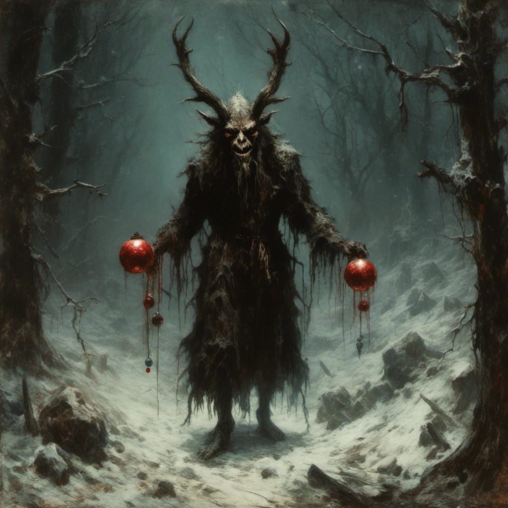 Creepy Krampus in Dark Winter Forest