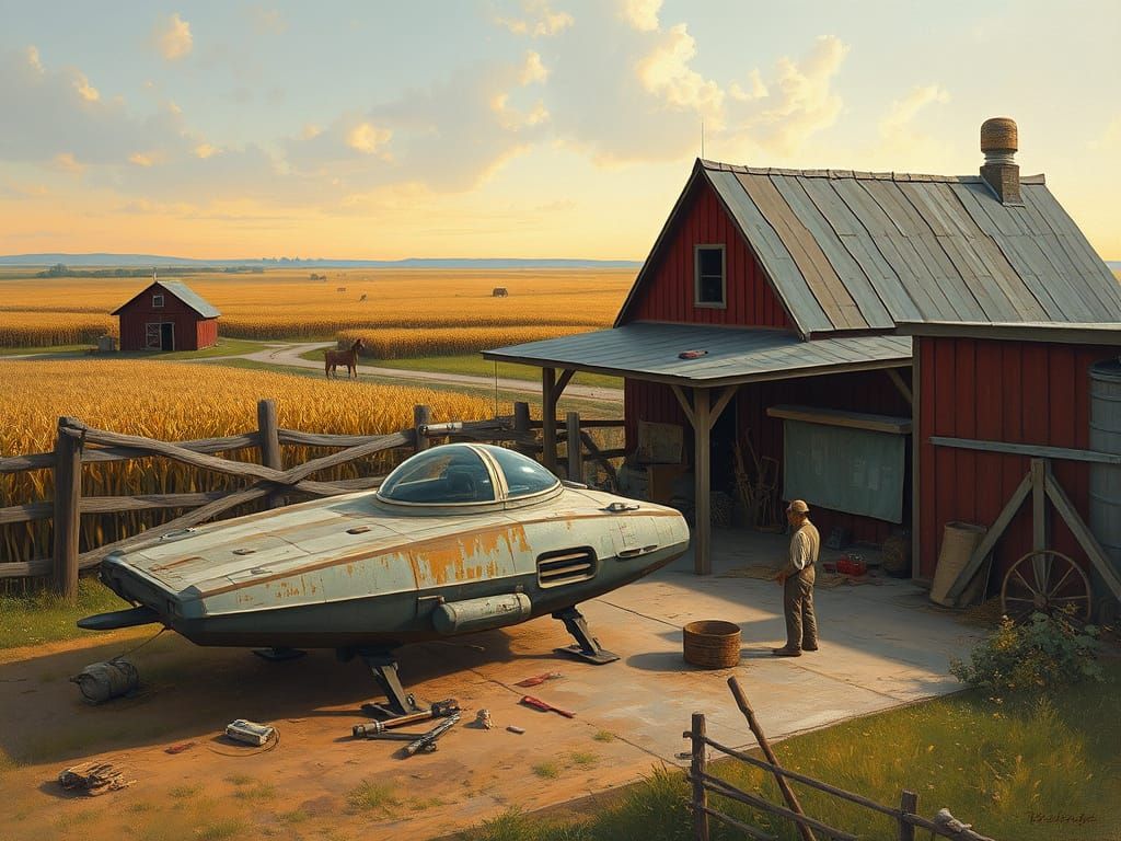 Rebel Farmer with Spaceship at Sunset