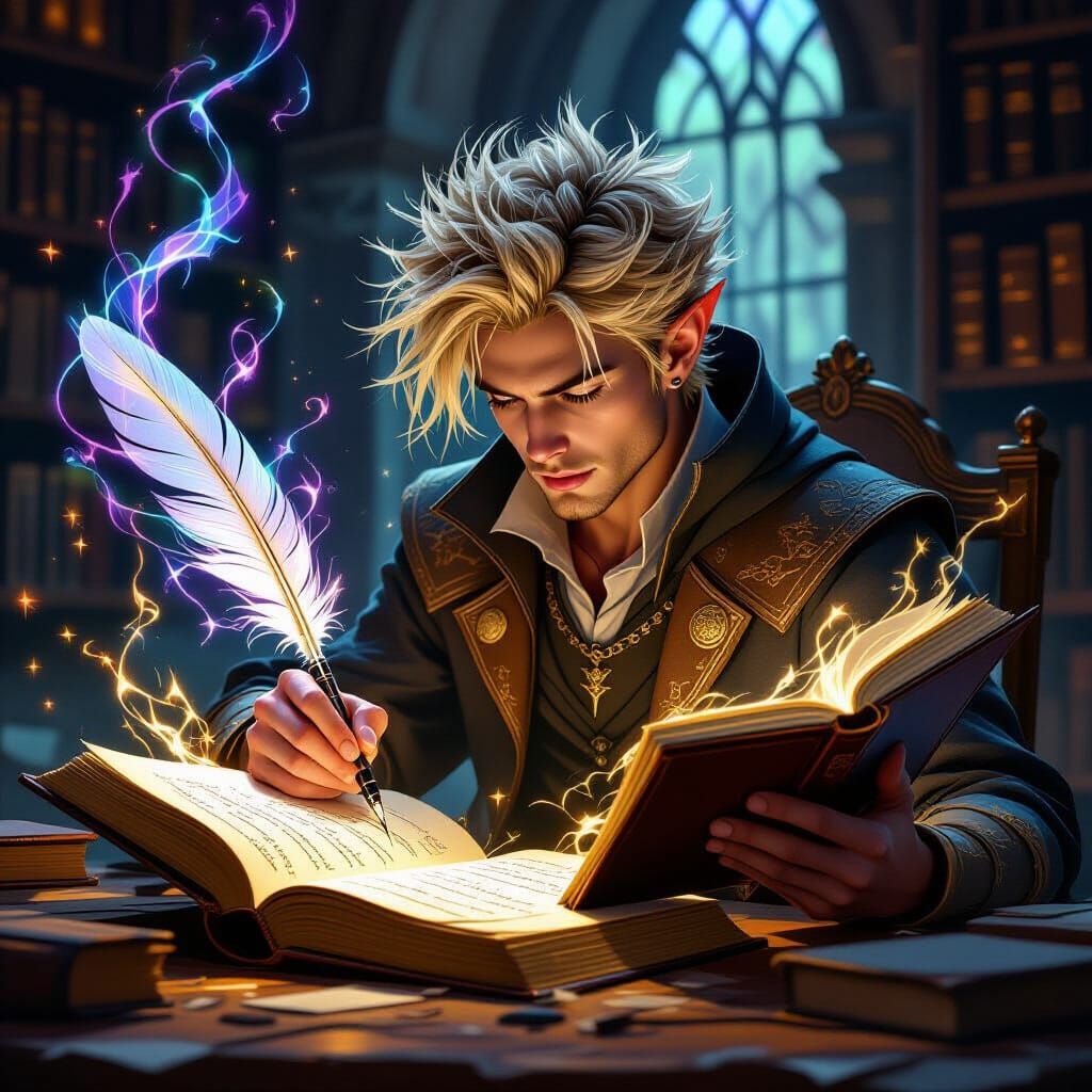 Wizard Apprentice Transcribes Spell Book with Arcane Energy