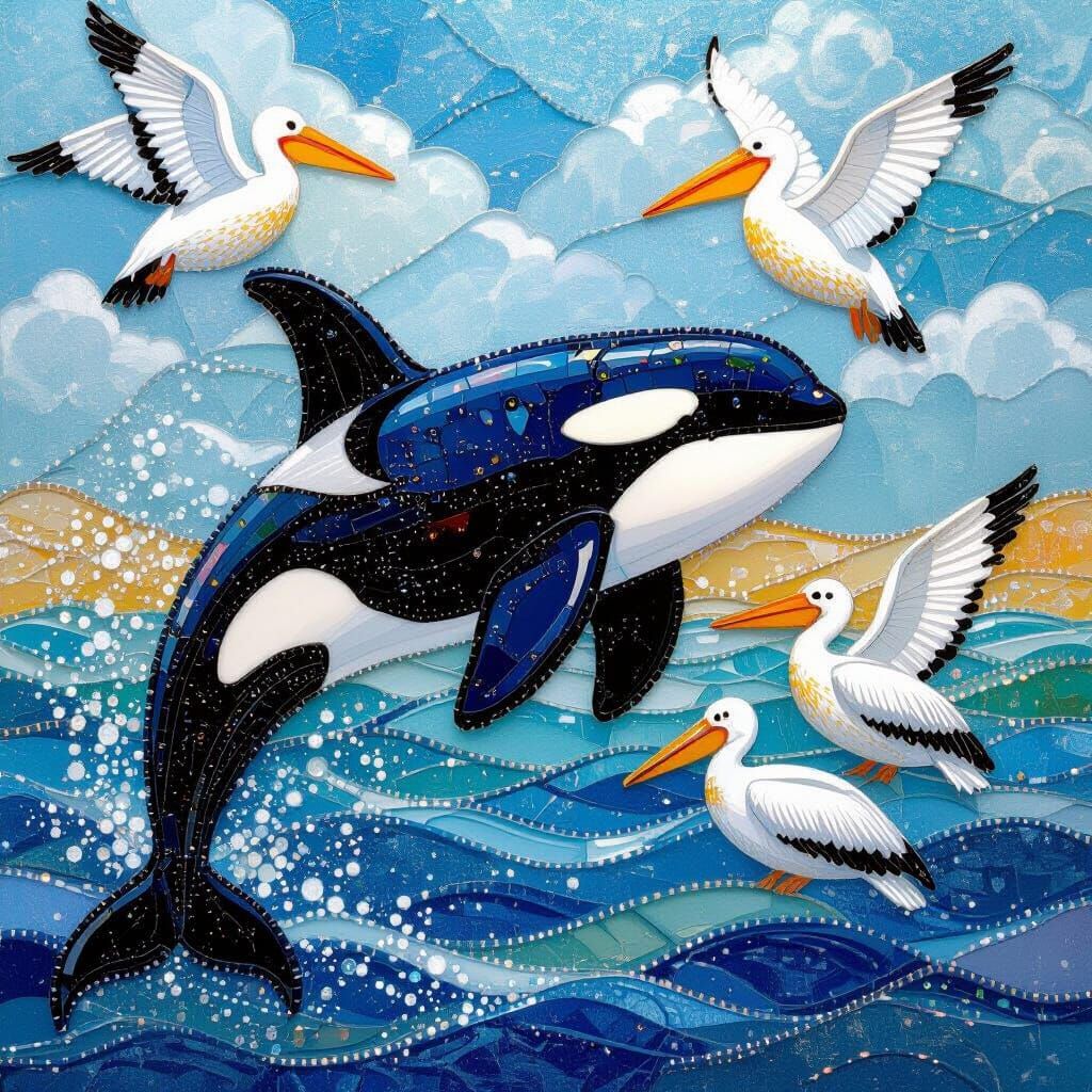Glass Bead Orca Whale and Pelicans in Sky