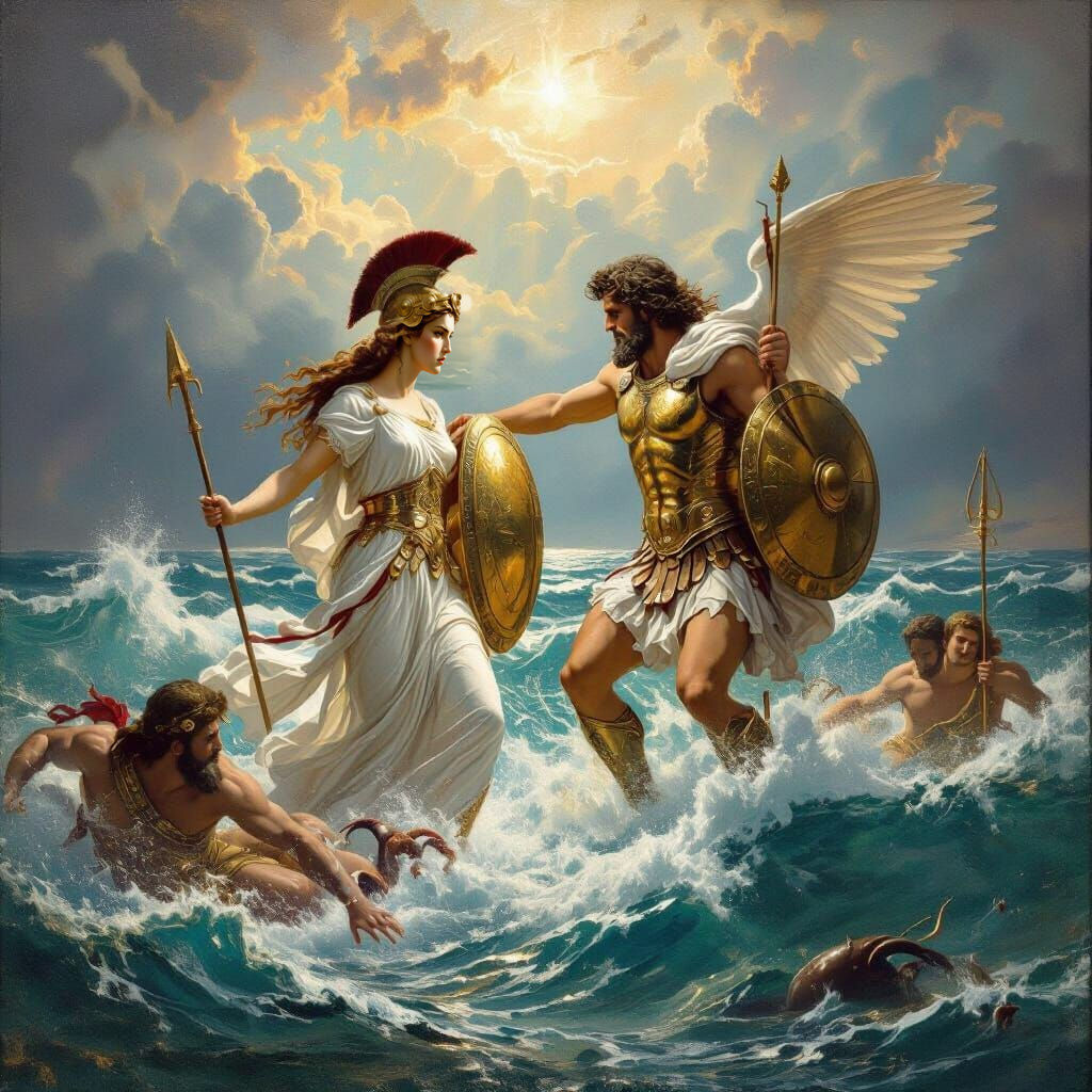 Athena Protects Odysseus Battling Sea Monsters