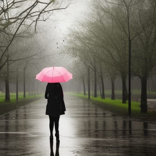 Girl with Umbrella in Rainy Park