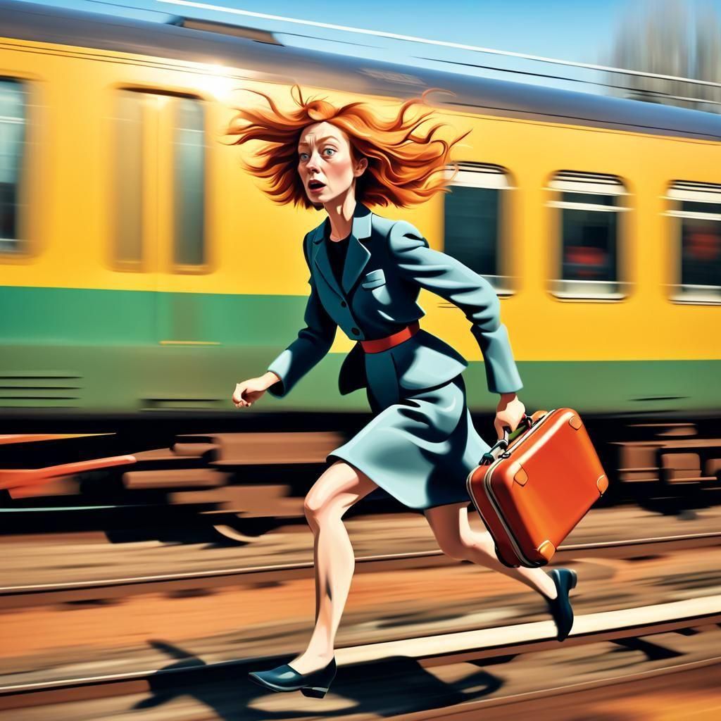 Surreal Caricature: Woman Misses Train in Lowrey Style