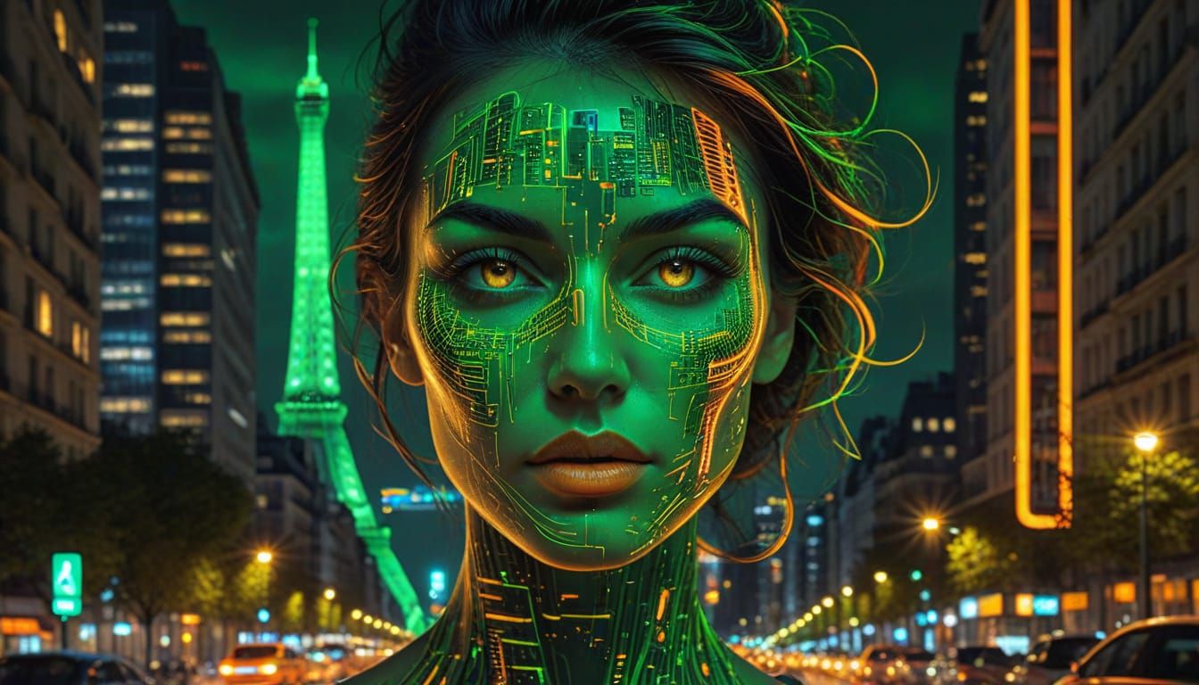 Surreal Paris Woman in Neon Optical Illusion