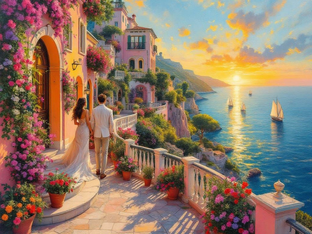 Italian Villa by Mediterranean Sea in Neon Impressionist Sty...