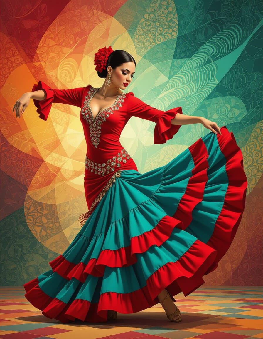 Flamenco Dancer in Motion: Vibrant Dress & Abstract Backgrou...