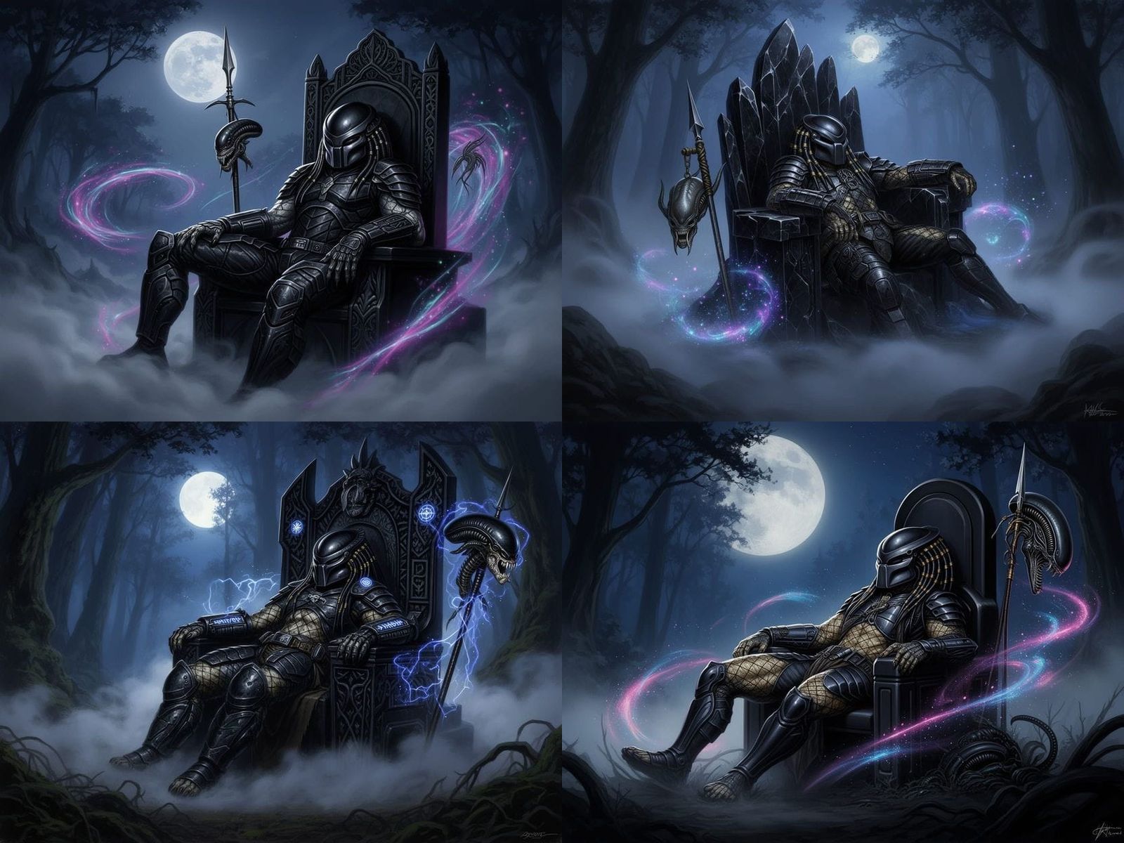 Predator Yautja in Heavy Armor on Black Throne