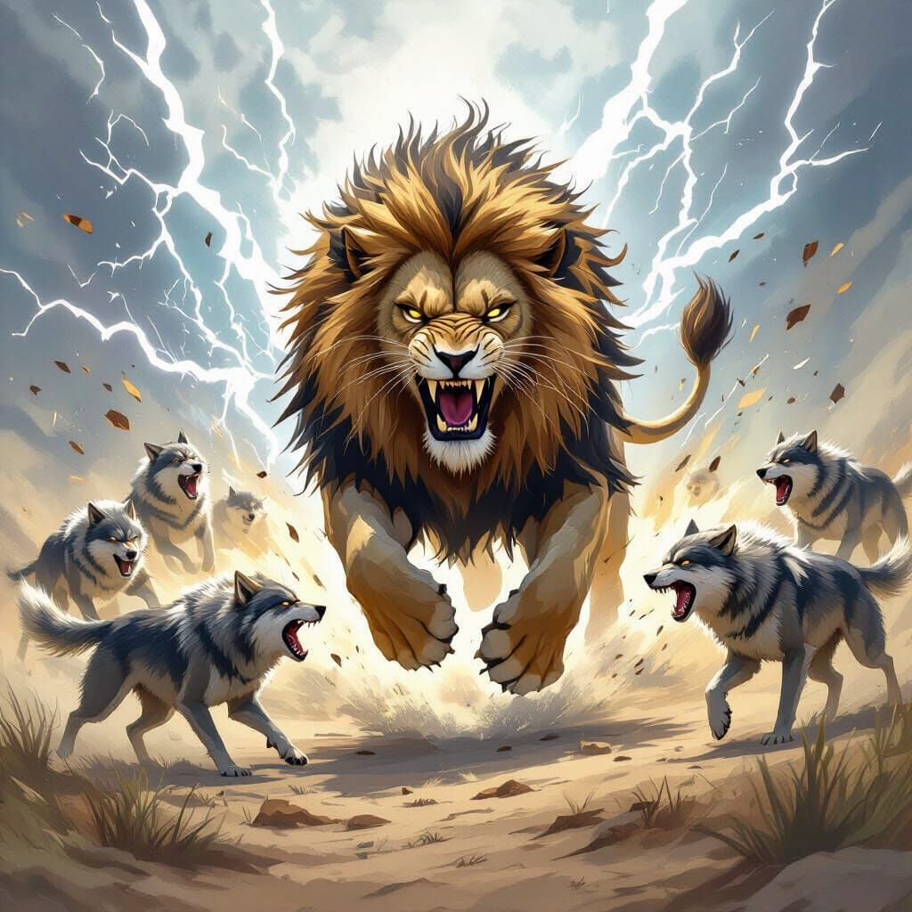 Lion's Epic Battle: Dynamic Fantasy Illustration