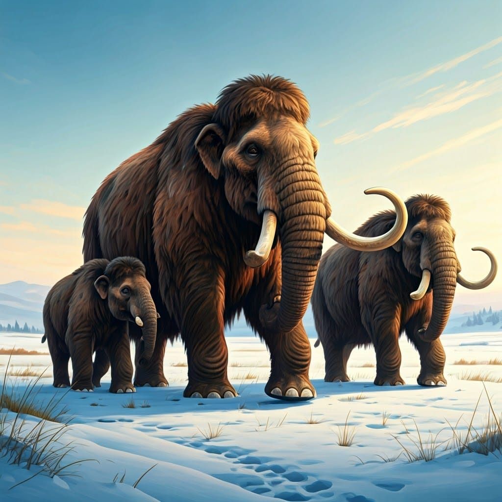 Majestic Woolly Mammoths in a Winter Wonderland Scene